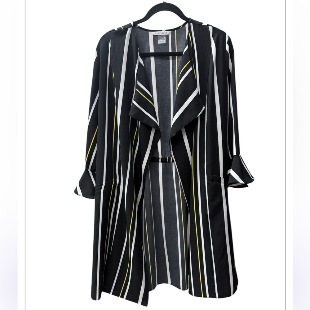 Peter Nygard Flowy Striped Elevated Duster Kimono 3/4 Bell Sleeves Pockets